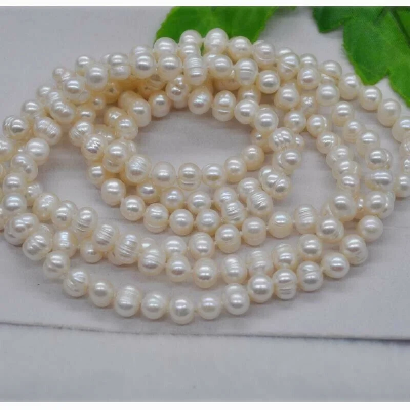 

New 100" 7-8mm White Freshwater Pearl Necklace Sweater Chain A variety of wear method