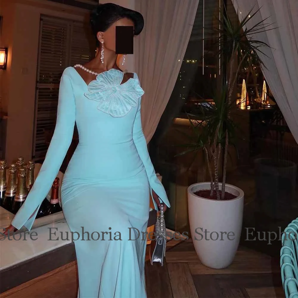 Saudi-Arabien Ballkleider für Damen, Jersey-Meerjungfrau, formelles Abendkleid, Himmelblau, O-Ausschnitt, Applikation, Perlen, geteiltes Partykleid, lang