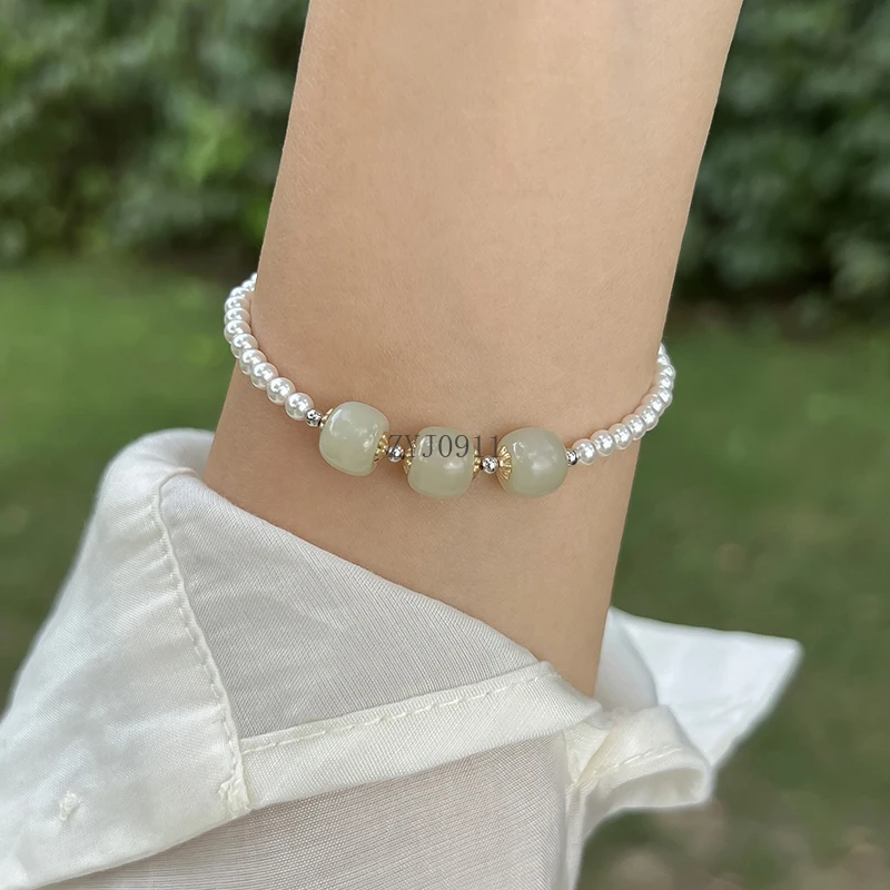 Natural Hetian Jade S925 Sterling Silver Crushed Silver Strong Light Pearl Bracelet Simple High-end Female