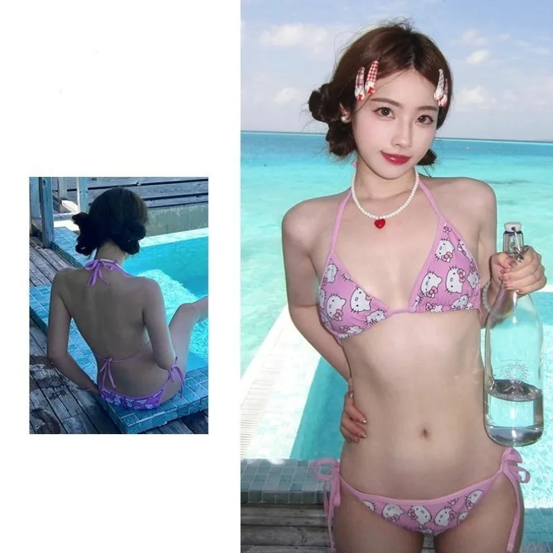 Hello Kitty kawaii cute and lively girl pink bikini anime cartoon peripheral gathering Sanya beach hot spring vacation swimwear