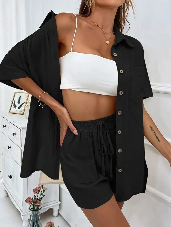 new in matching sets Women Casual Suit 2025 Summer  fashion Loose Single-breasted Shirt Pocket Tie Shorts Women Two-Piece Set