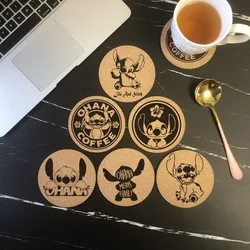 New Round Cork Coaster Engraved Disney Lilo and Stitch Tea Coffee Mug Drink Holder for Kitchen Natural Wooden Mat Tableware