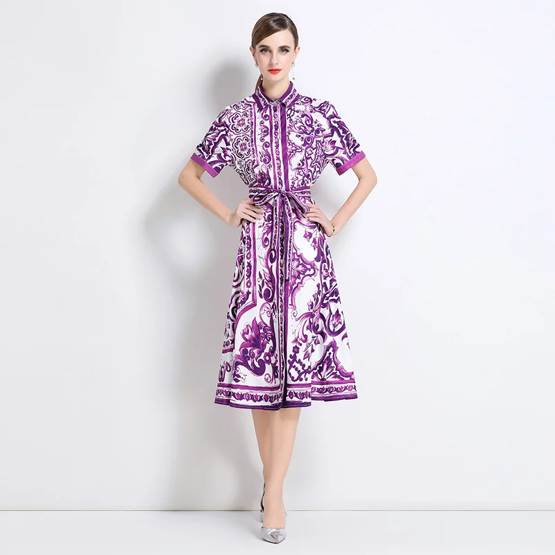 Cárdigan Abierto con Estampado Floral Morado Ele, Falda Tipo A con Cinturón, Tela de Poliéster, Estilo Casual para Mujer