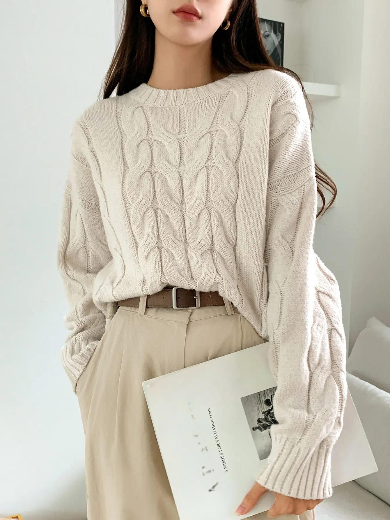 

Cream Cable Knit Drop Shoulder Sweater, Long Sleeve Pullover for Fall Casual Wear