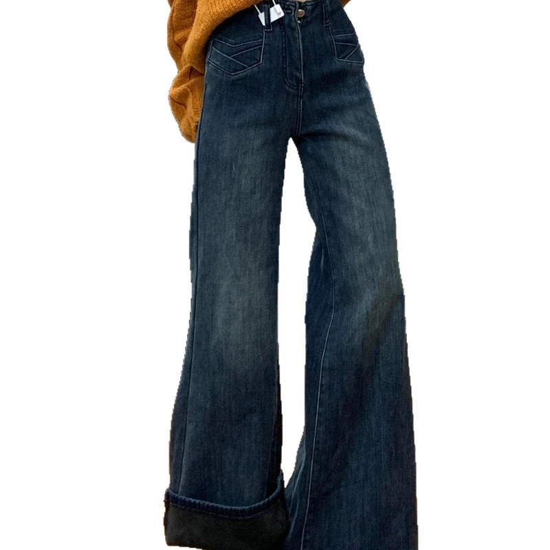 بنطلون جينز نسائي من الصوف عالي الخصر وواسع الساق من قماش الدنيم مسحوب قليلاً مريح مناسب 2025 طراز عصري