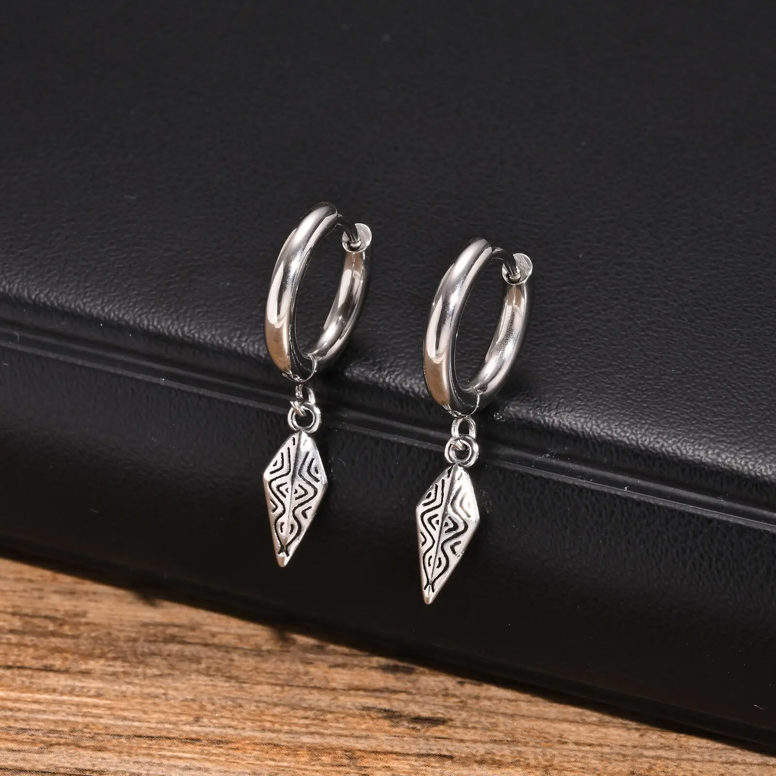 Mens Rhombus Hoop Earrings,Waterproof Anti Allergy Stainless Steel Earrings,Punk Male Jewelry Gifts