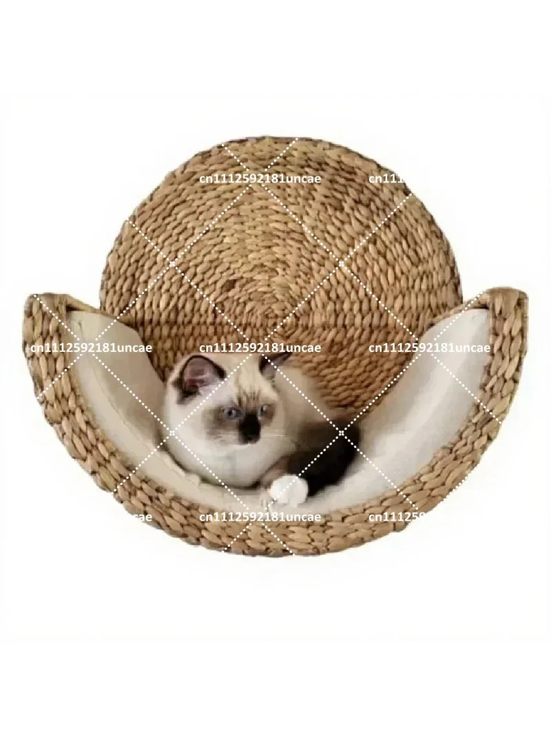Handwoven Natural Water Hyacinth Hanging Cat Basket with Cushion, Wall Mounted Pet House for Cat Shelves and Home Decor