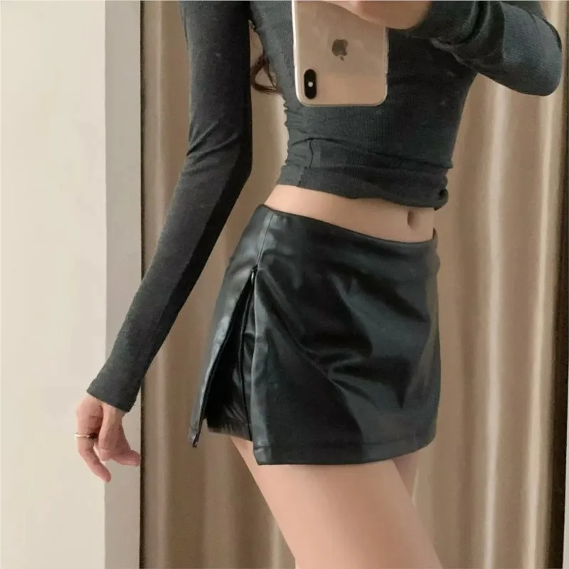

Brown Retro Mini Dress Elegant Korean Fashion PU Leather Skirts For Woman Low Rise Skirts Split Leather Skirt With Shorts Black