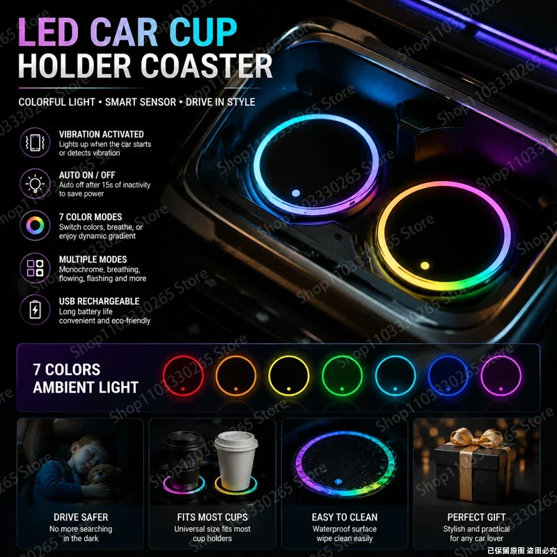7 Colors LED Car Cup Holder Light, USB Rechargeable RGB Coaster with Vibration Activated for Auto Interior Decoration