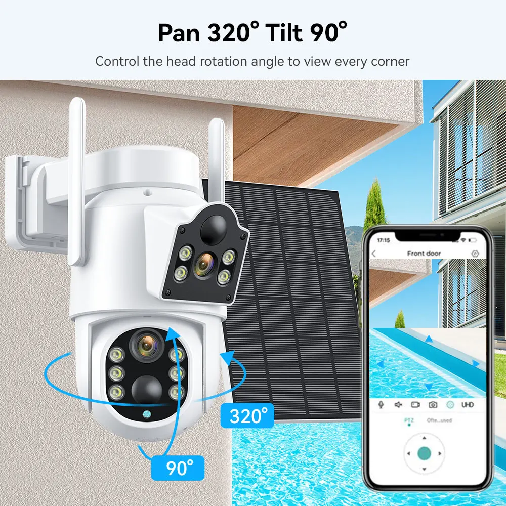 4K 8MP Dual Lens Solar PTZ WiFi Camera 780mAh Built-in Battery PIR Detection Wireless Security Camera Outdoor iCsee