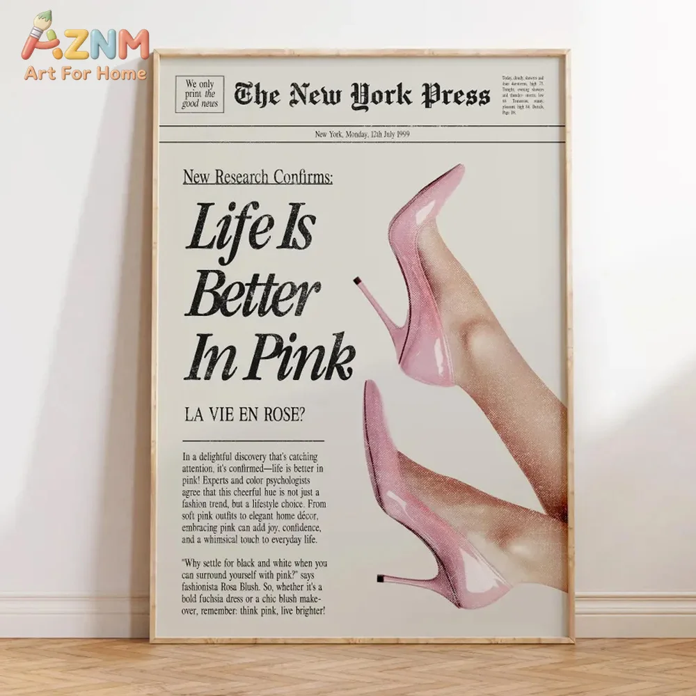 AZNM Vintage Newspaper Canvas Wall Art Life Is Better In Pink Pink High Heels Retro Fashion Quote Unframed Canvas Girly Room Dec