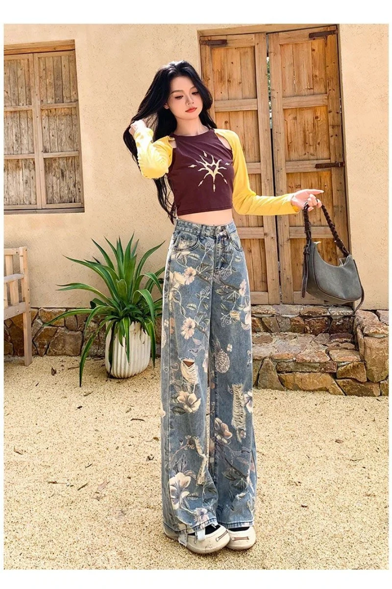 Jean Y2k pour femme, imprimé rétro américain, déchiré, ample, jambe droite, longueur au sol, Streetwear, nouvelle collection été 2025