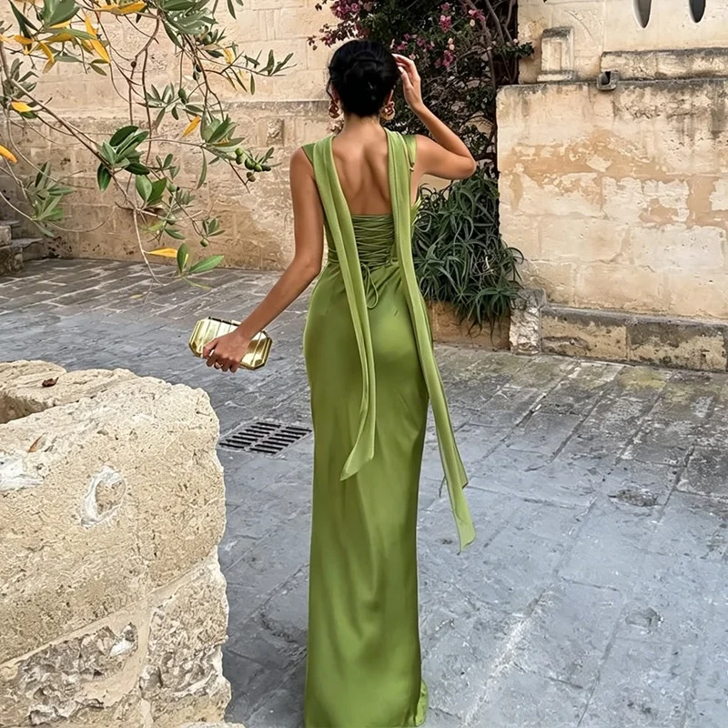 Damen Maxikleid aus Satin mit Schleifenbesatz, ärmellos, mit Fischgrätmuster, Schnürung, gerafftes, figurbetontes, langes Kleid, elegant, für Hochzeitsgäste, Partys, Vestidos, in Pink und Grün – Detail 5