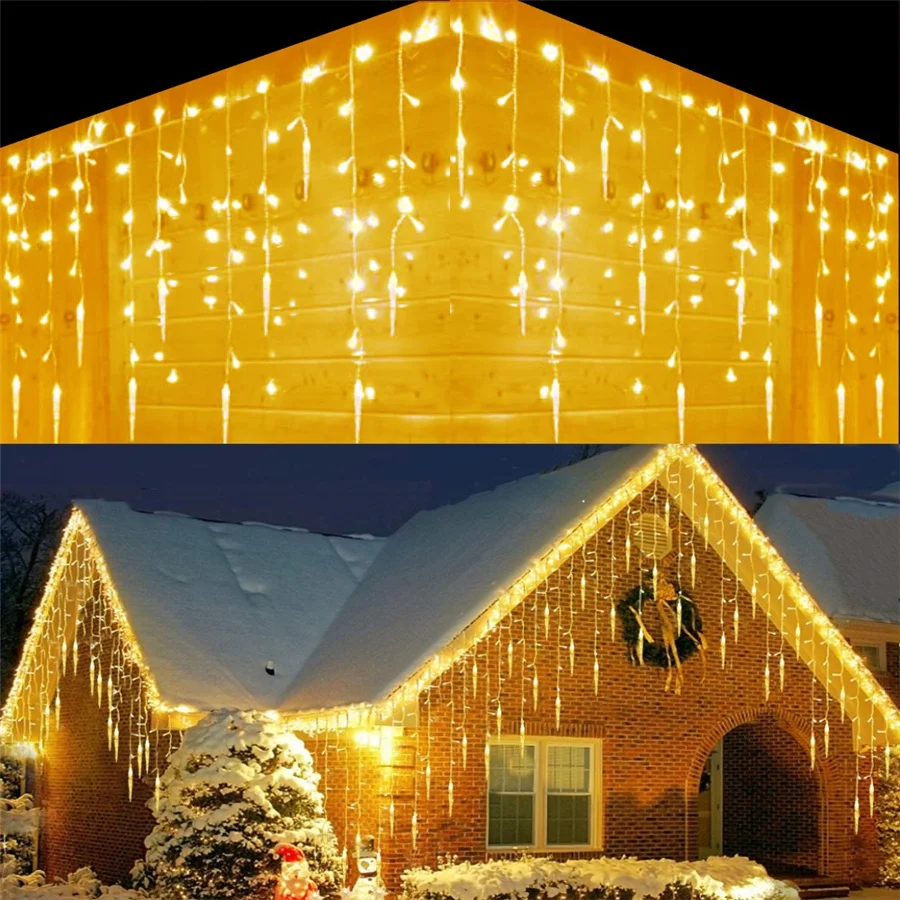 Impermeável LED Icicle Fairy Curtain Lights 8 Modos EU Plug 3.5M Natal Jardim String Luzes para Festa Casamento Garland Decor