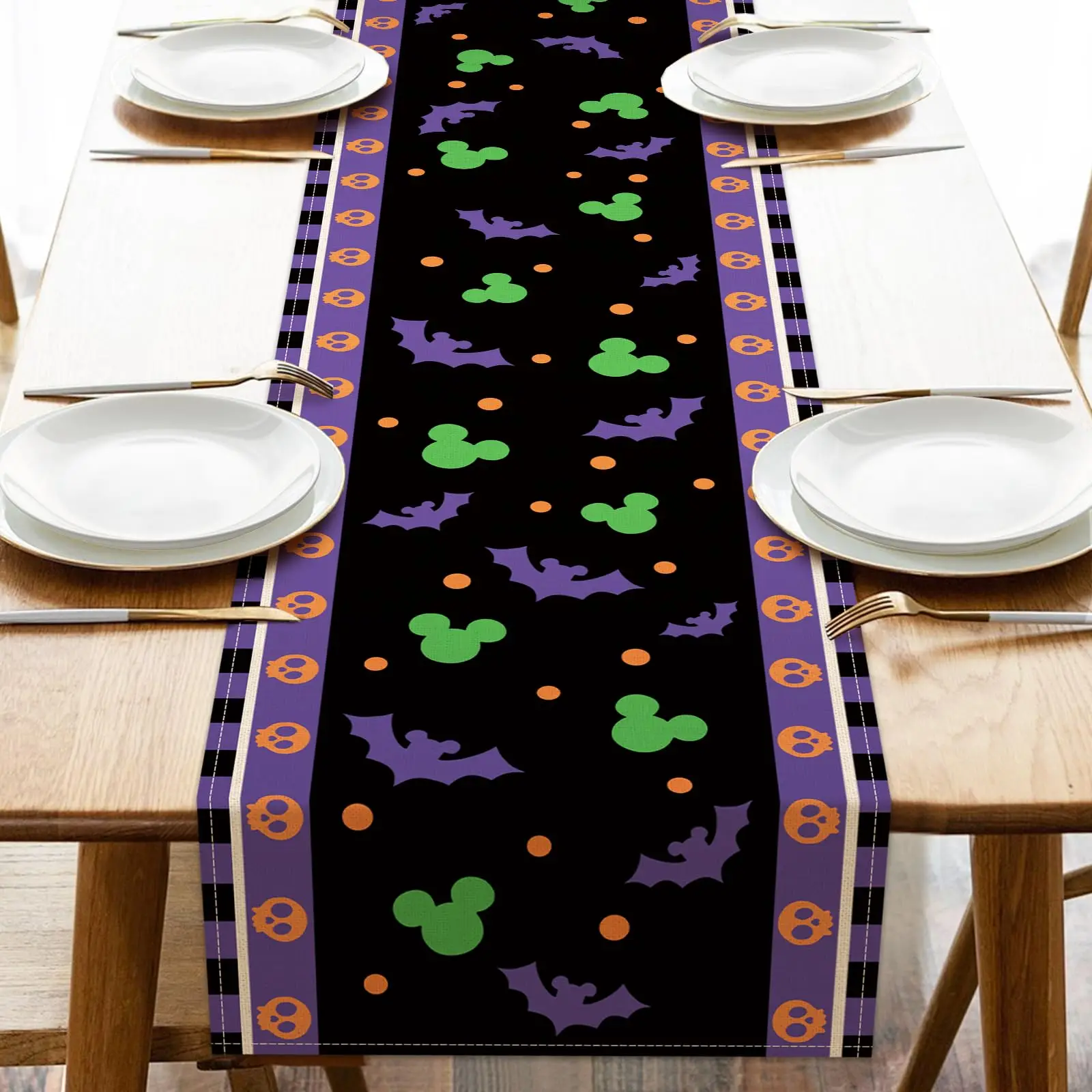 Halloween Festival Table Runner, Cute Cartoon Mouse‑Shape Element Bat Skull Border Table Cover, Farmhouse Style Kitchen Dining