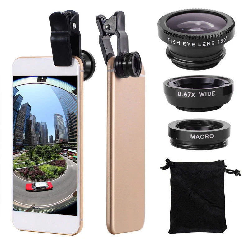 

3 in 1 Fisheye Phone Len 0.67X Wide Angle Zoom Fish Eye Macro Lenses Camera Kits With Clip Lens For iphone Samsung Xiaomi Huawei