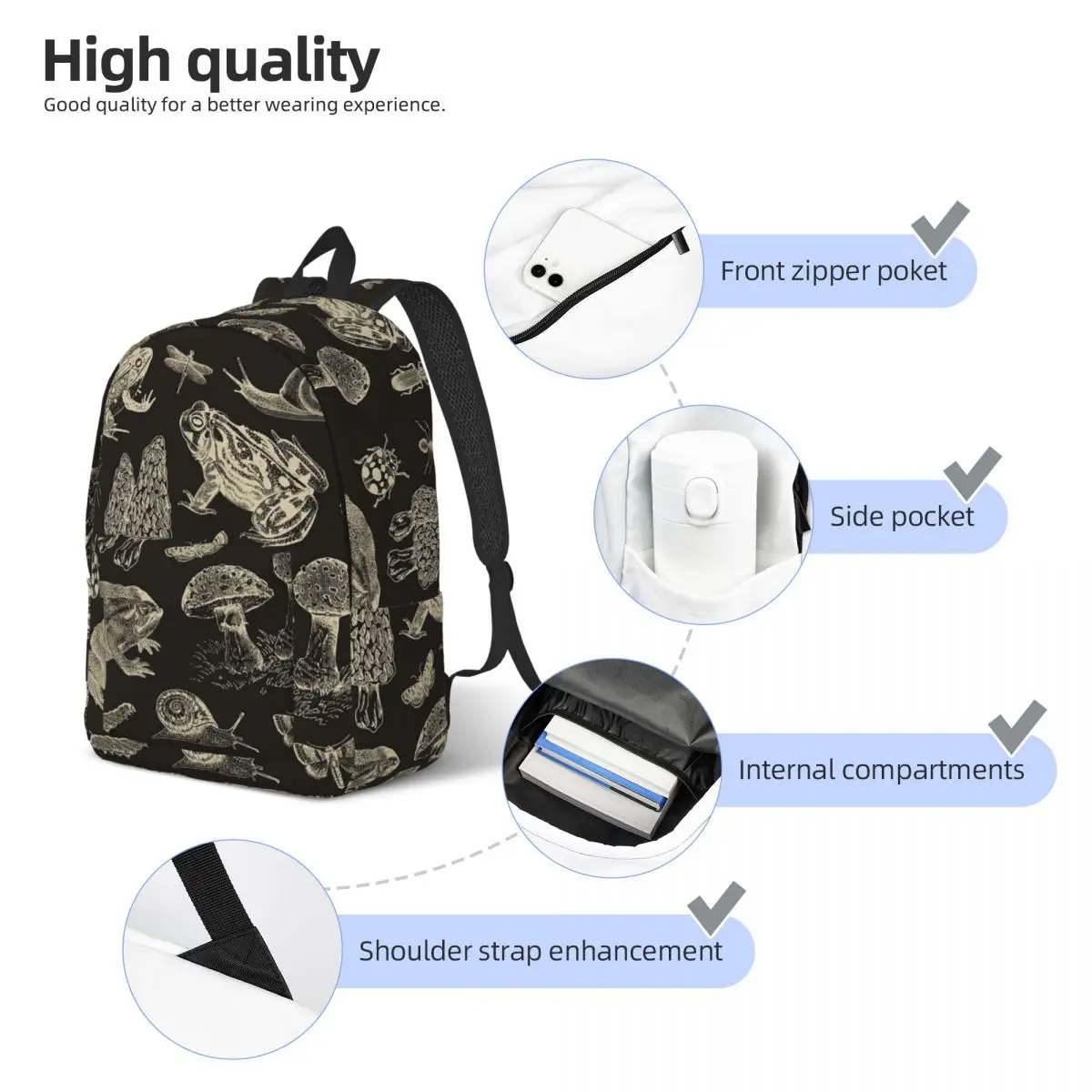 Frog, Mushroom, Snail, And Moth Insects Student Backpack School Bag Hiking Travel Daypack for Boys Girls Bookbag Shoulder Bags