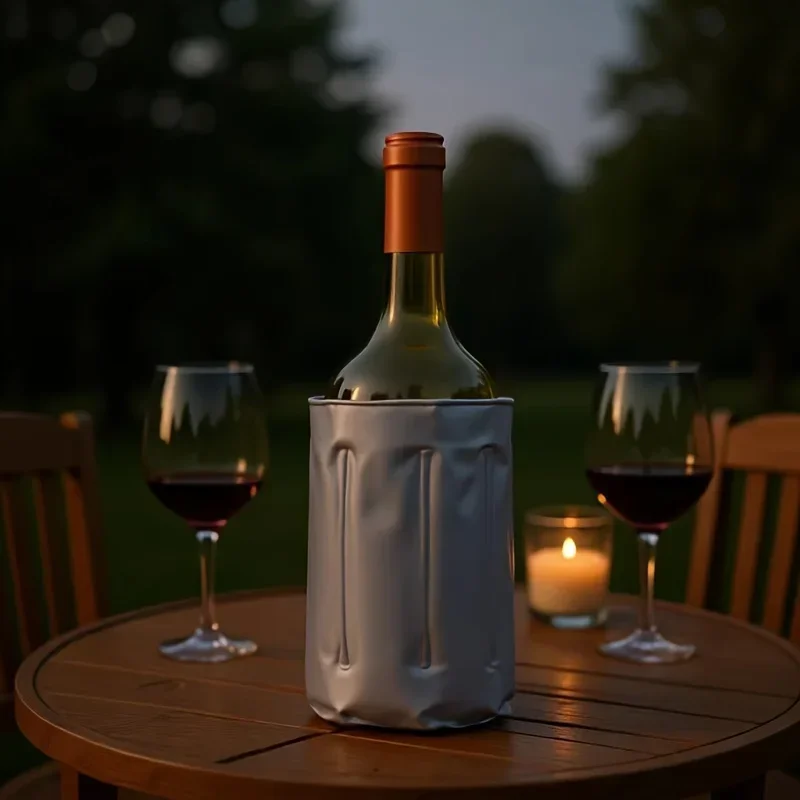 A reusable grey insulated wine cooler bag that fits most bottles, keeping the wine cool and fresh. These quick-cooling PVC bever