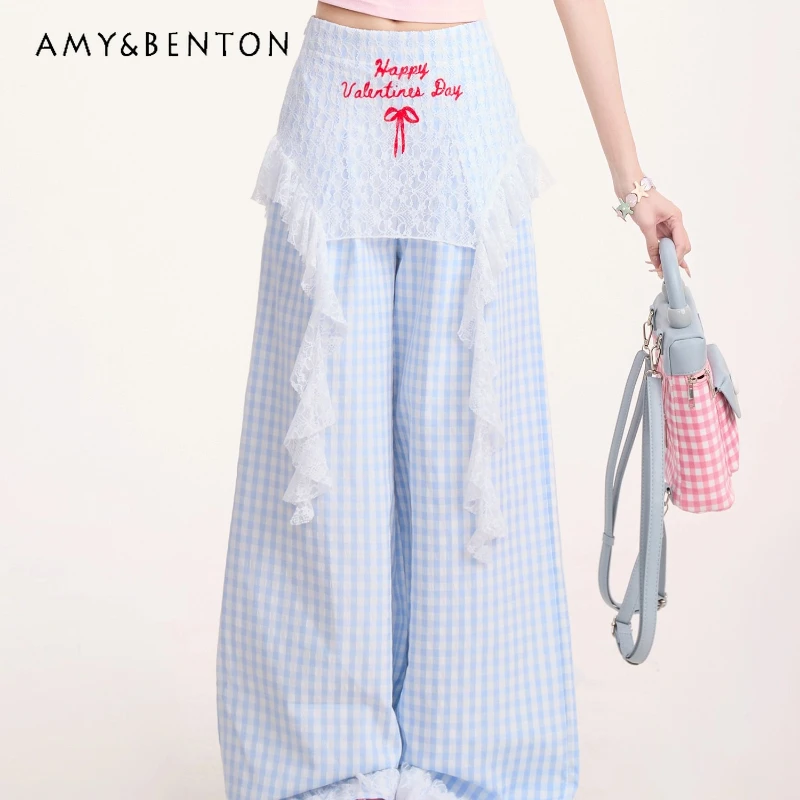 

Korean Sweet Lace Splicing Women's Casual Trousers 2025 New Retro Plaid Slimming Loose Versatile Elegant Wide-Leg Pants Ladies