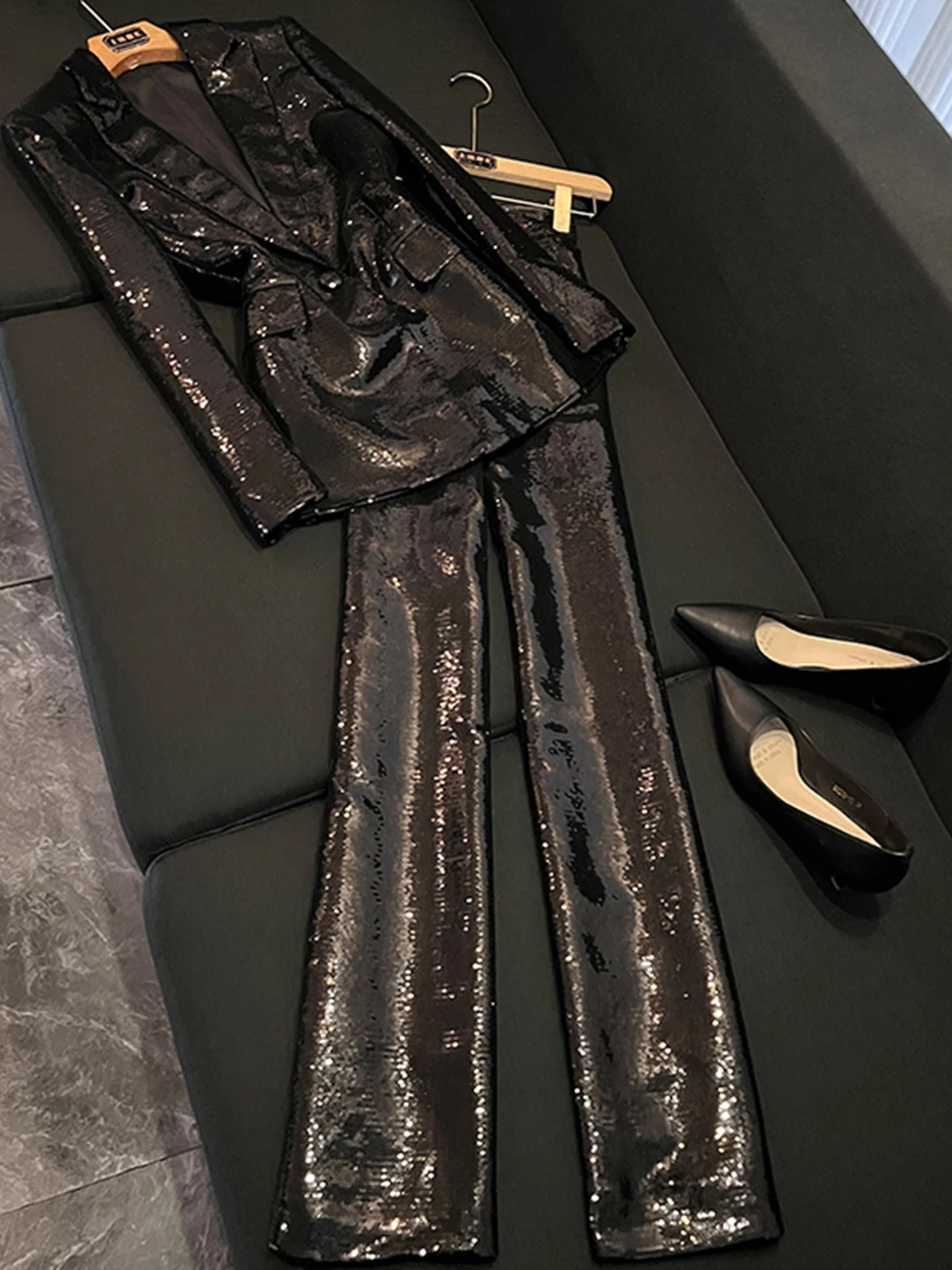 

Женский деловой костюм с пайетками и блестками, комплект из двух предметов D850, зимний, модный, дышащий, из смесового полиэстера