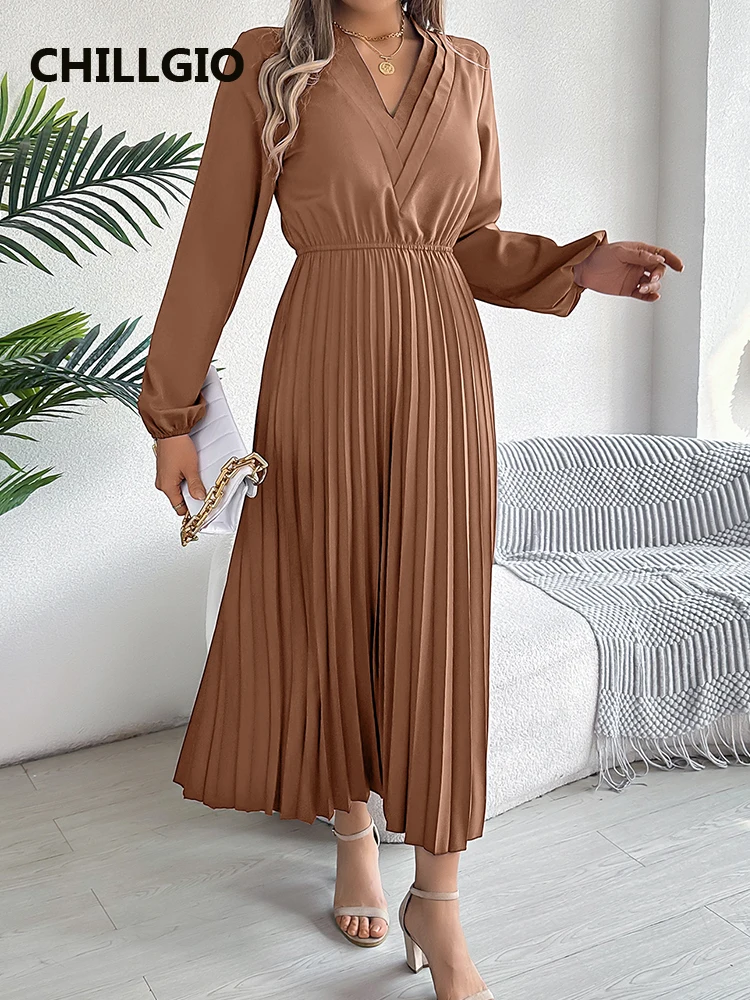 CHILLGIO Women Elegant Solid Long Dress Fashion Autumn Winter Long Sleeve V-Neck A Line Dresses Casual Office Slim Pleated Dress