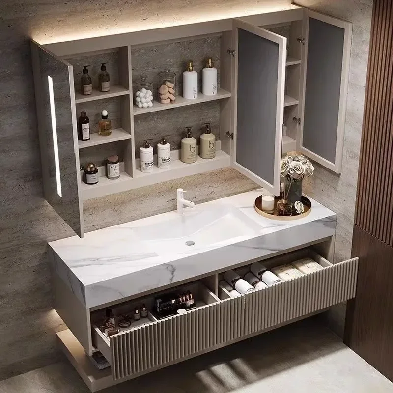Modern Bathroom Cabinet with Rock Slab Seamless Integrated Basin Vanity Unit Washstand for Toilet and Hand Washing