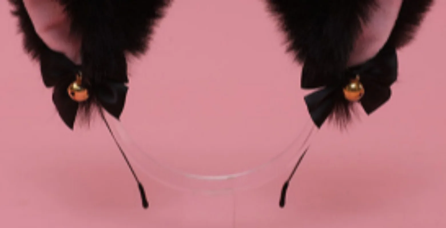 Simulation of cat ears hairband furry black and pink with bow bell cosplay kitten