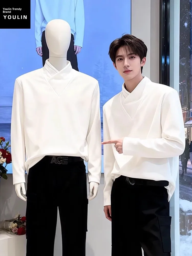 

Белая мужская толстовка с высоким воротником и подплечниками, с длинным рукавом, в американском стиле, для осени и зимы, повседневная одежда