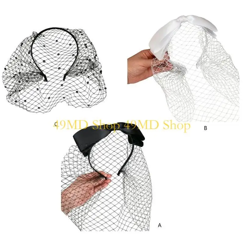 

49MD Bowknot Veil Hairhoop Fascinator Veil Headband for Halloween Cosplay Party Props