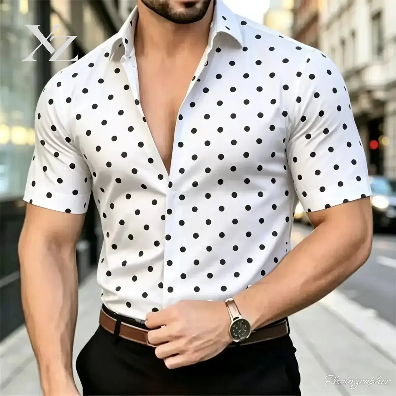 Hot Sale Premium Men's Button Short Sleeved Polka Dot Shirt For 2026 Casual Lightweight Breathable Comfortable Design