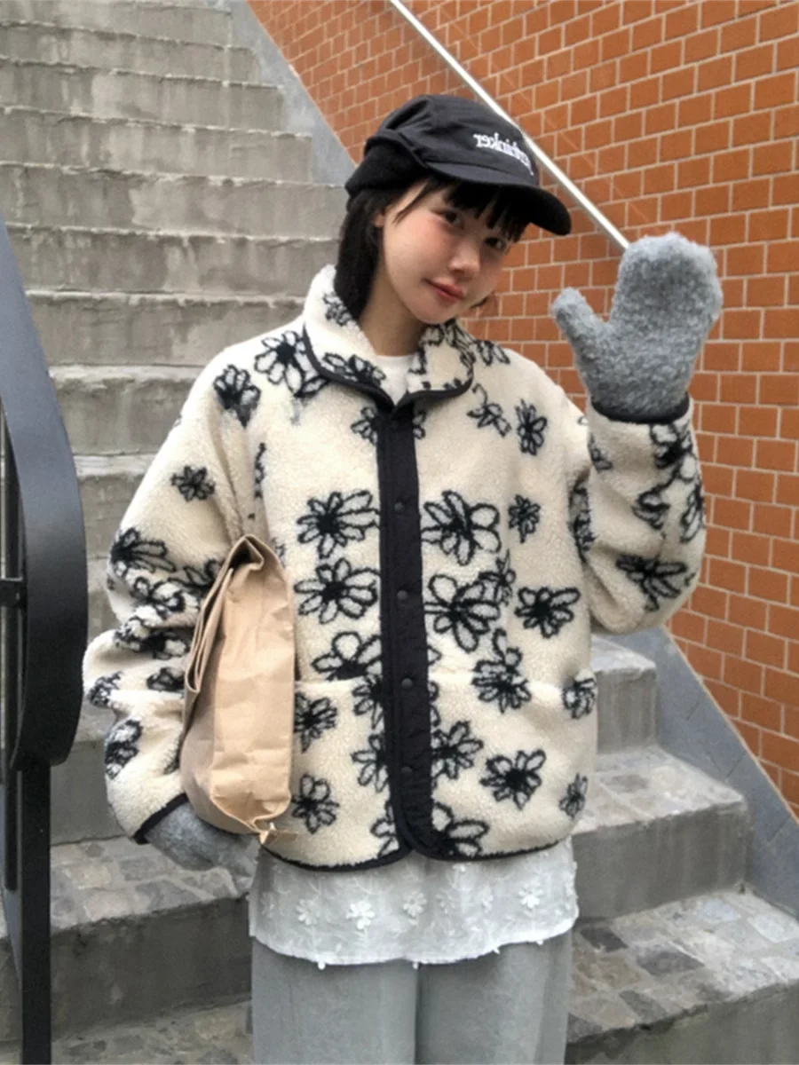 

Double-Sided Wear Floral Lamb Velvet Button Versatile Warm Casual Cotton Jaet ort Outerwear Korean Sle Winter Coat