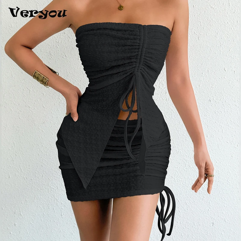 

Sexy Sleeveless Shirt Strapless Vest Bodycon Skirt Set Women Elegant Two Piece Set Female Club Party Dress Suits