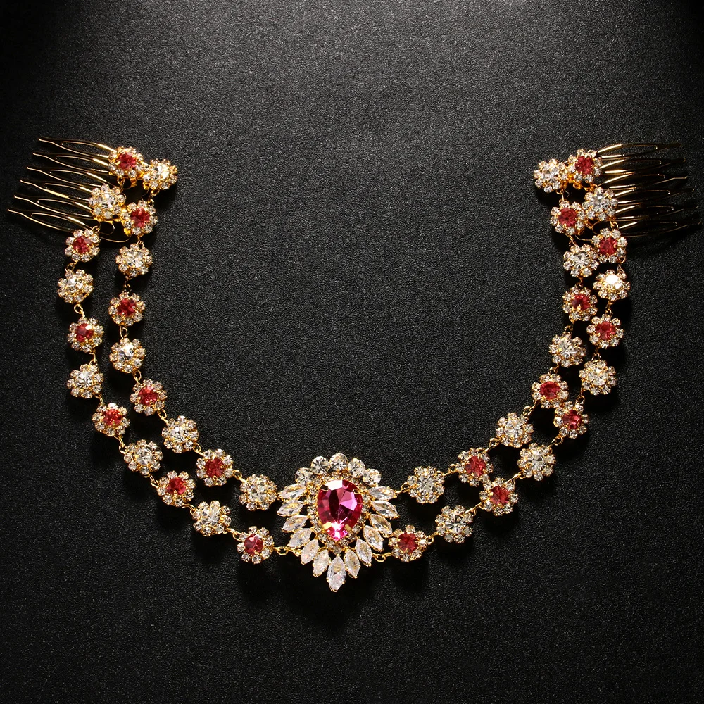 Stonefans Exotic Style Pink Crystal Head Chain Forehead Jewelry for Women Boho Bridal Rhinestone Forehead Chain Wedding Party