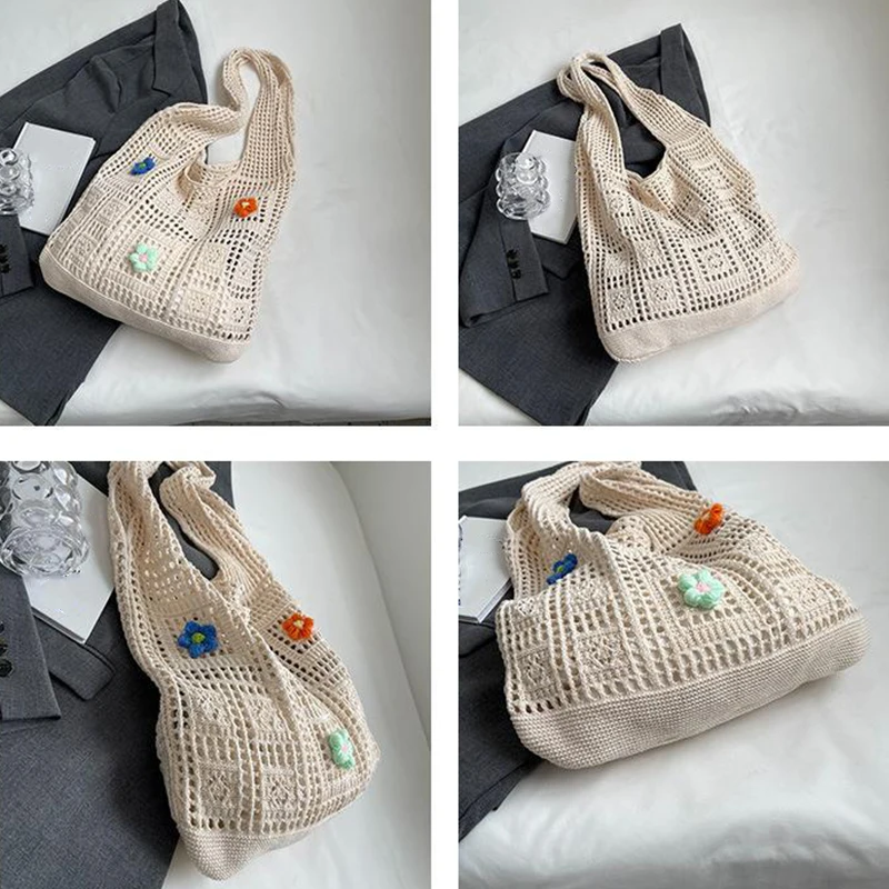 Designer Flower Knitted Handbags Female Large Capacity Totes Women\'s Pack Summer Beach Bag Purses Hollow Woven Shoulder Bags