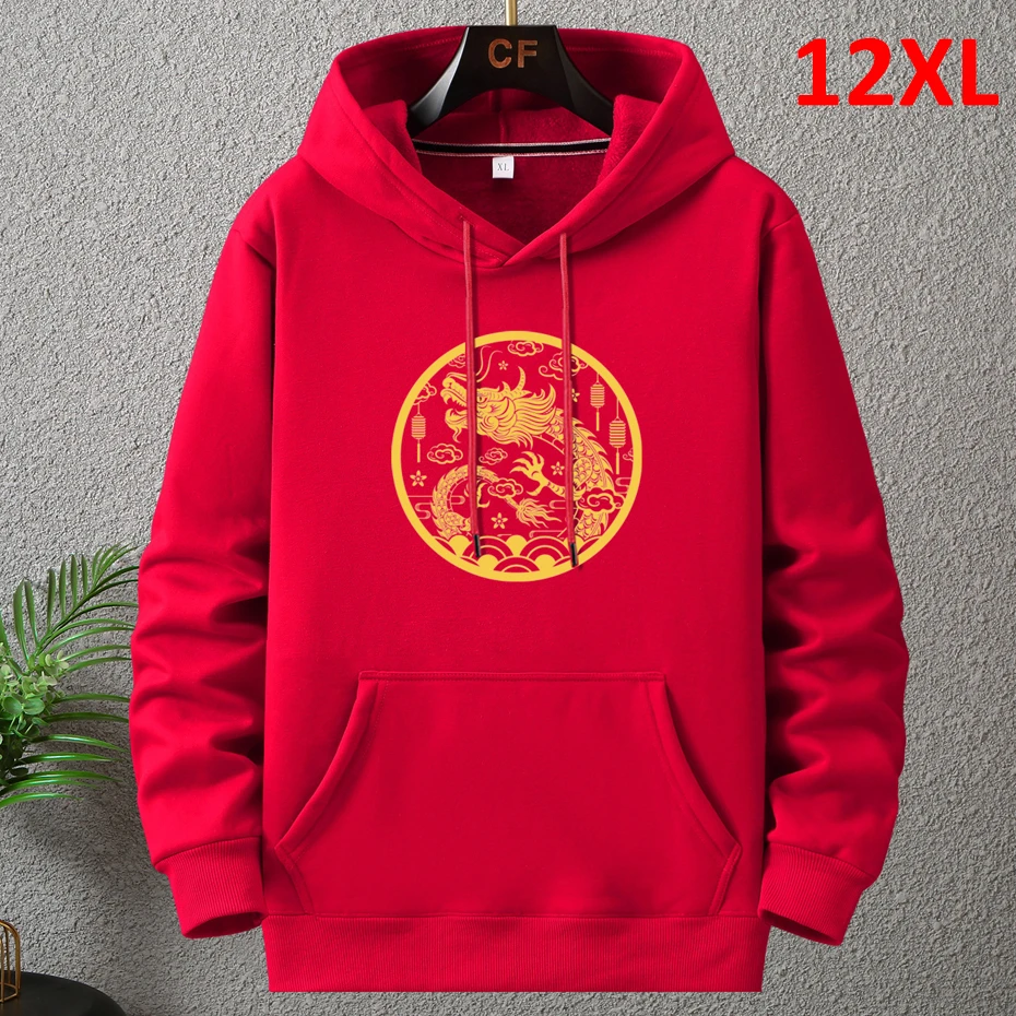 

Red Hoodies Men Chinese Lunar Dragon Year Hoodie Plus Size 10XL 12XL Autumn Winter Fleece Hoodies Male Hooded Sweatshirts