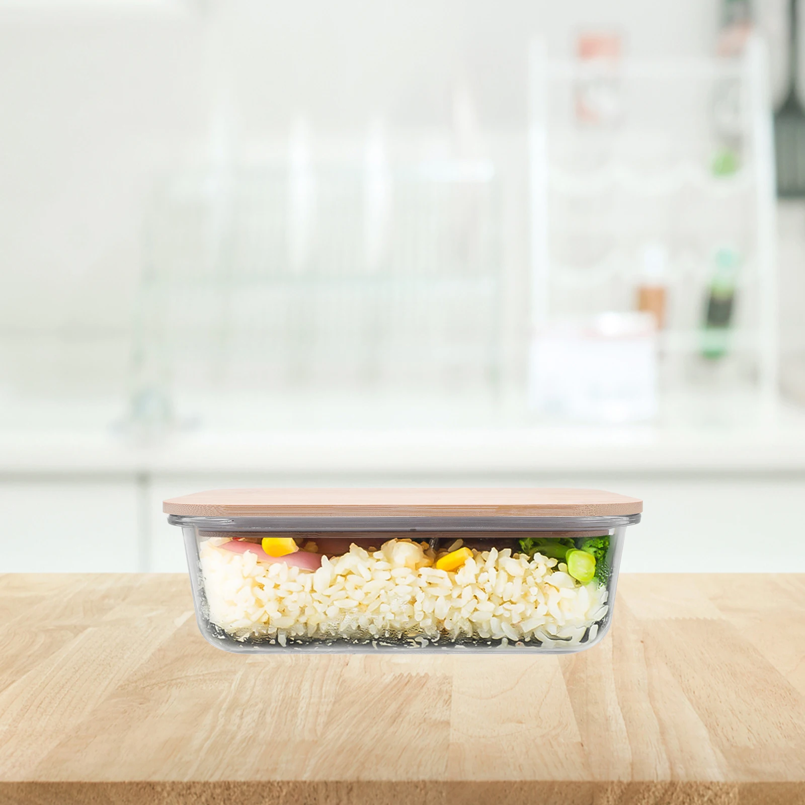 

Bamboo Wood Cover Glass Bowl Food Container Microwave Safe Lunch Box Portable Bento Case Family Work School Party Picnic