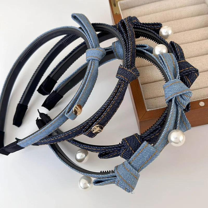 Retro Denim Blue Color Bow Pearl Headband Girls Sweet Hair Bands For Woman Temperament Hair Hoop Female Fashion Hair Accessories