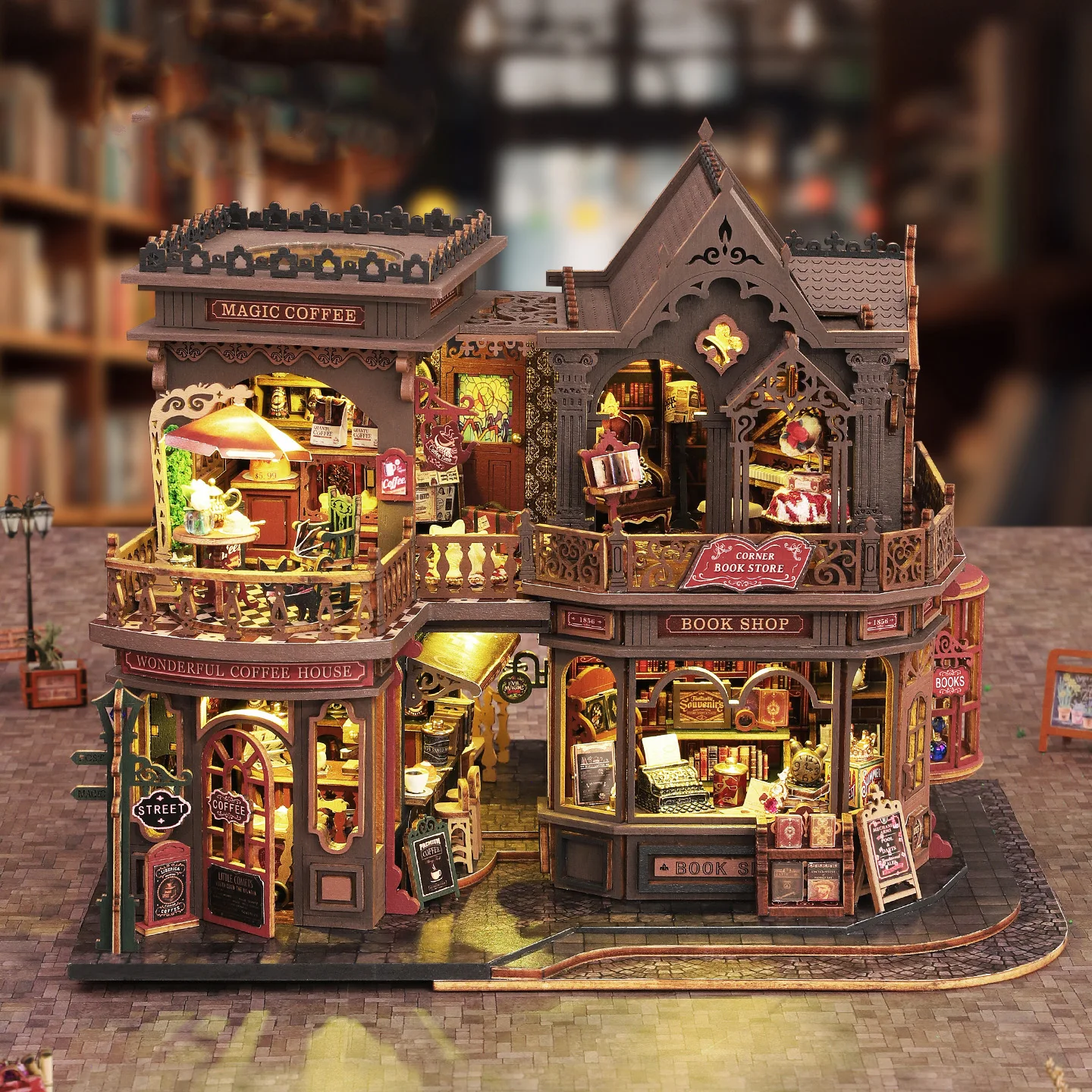 DIY Wooden Miniature Model Kit Letter Coffee Shop Casa 3D Puzzle Doll Houses With Furniture Lights for Friends Birthday Gifts