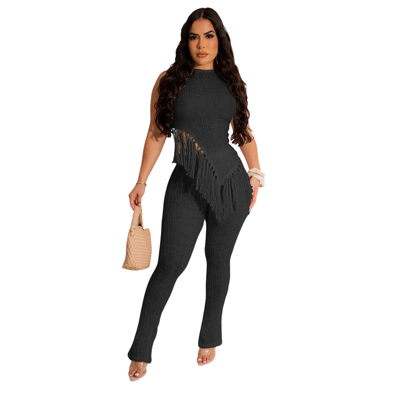 Strand Outfits Voor Vrouwen Baduitgangen Pareo Cover Up Vrouwelijke Badpakken Playa Badpak Onregelmatig Gebreid Kwastje Vest En Broek Twee