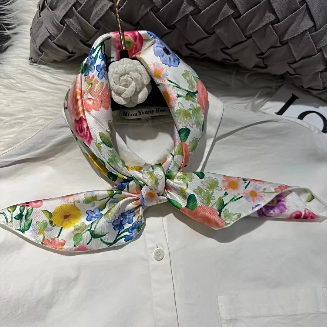 [BYSIFA] White 100% Silk Twill Scarf Neckscarf Fall Winter Fashion Floral Pattern Pure Silk Square Scarves Head Accessories 70cm