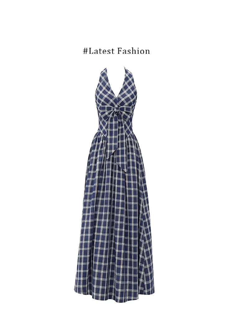 

Parkyeon Large Size Plaid Knot Neckline Dress Women's Waist Cinched A-Line Long Dress Women's Set Casual Style