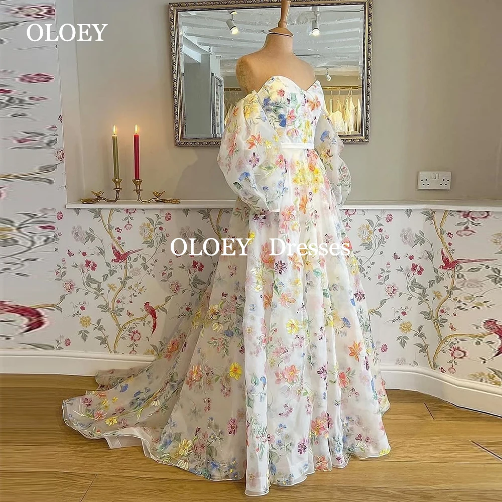 

OLOEY Fairy Floral Print Prom Dresses Sweetheart Off Shoulder A Line Wedding Party Gowns Silky Organza Prom Gowns Customized