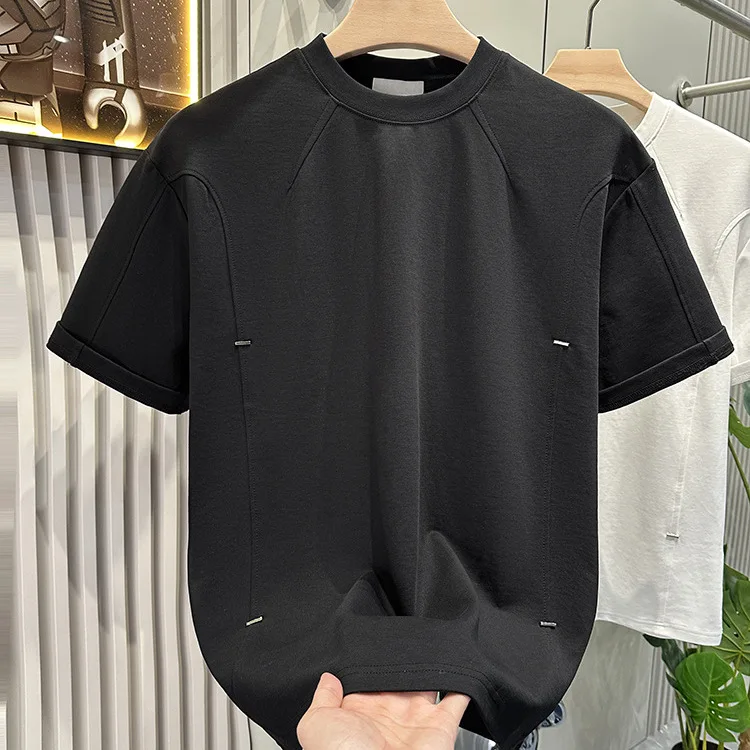 Summer Light Luxury Patchwork Studded Heavyweight Round Neck Short Men's High-End Fashion Loose Versatile Casual T-Shirt Half
