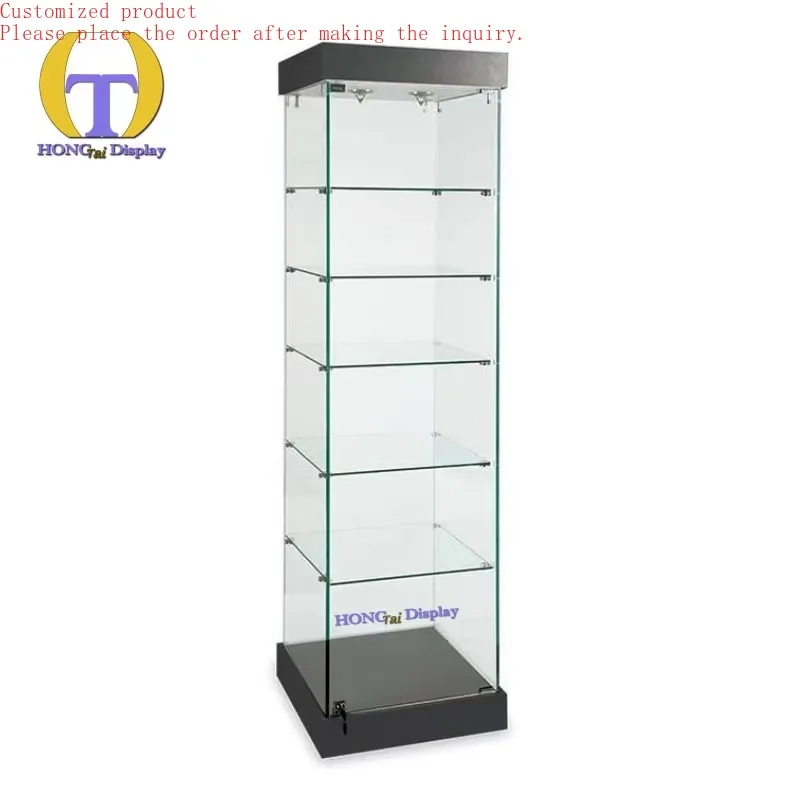 

Custom.Tobacco Shop Single Show Case Black Base Stable Luxury Good Glass Material Shopping Mall Swing Door Glass Case