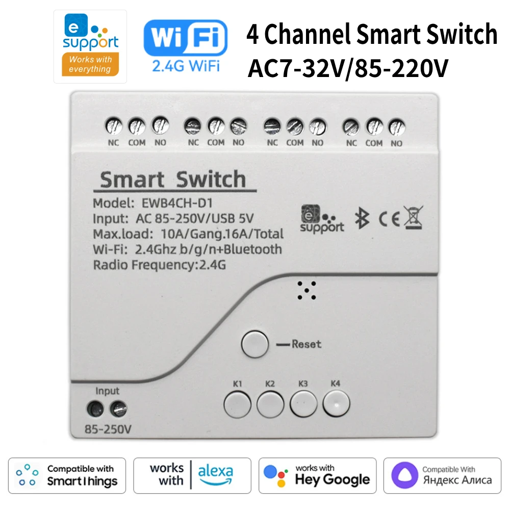 for eWeLink APP WiFi Smart Switch 4 Channel AC7-32V/85-220V 4 Functions Smart Home Relay Work with SmartThing Alexa Google Alice