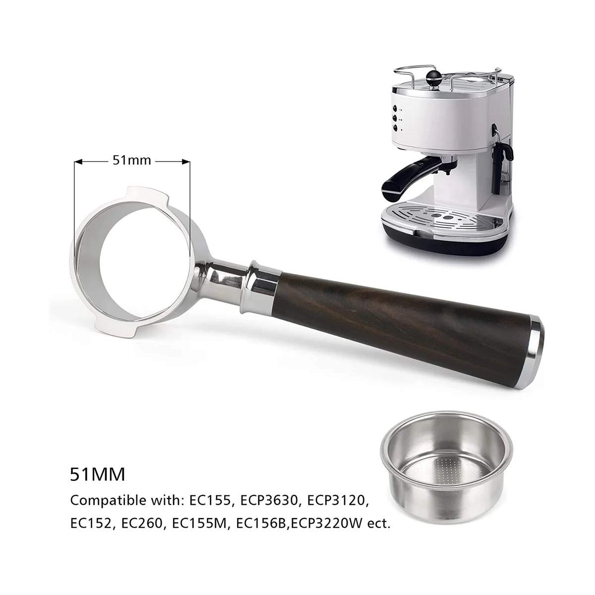 51mm Portafilter for Delonghi ECP3420/EC155/BCO430/EC260, 51mm Bottomless Portafilter 2 Ears Handle Replacement Parts