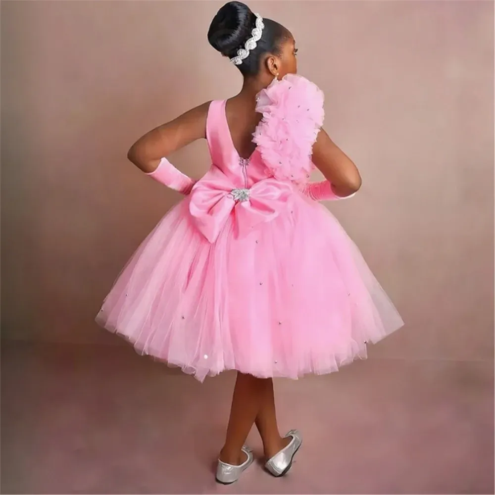 

Luxury Pink Customized Flower Girl Wedding Dress Appliques Sequined Knee length with Bow Fluffy Princess Kids Birthday Prom Gown