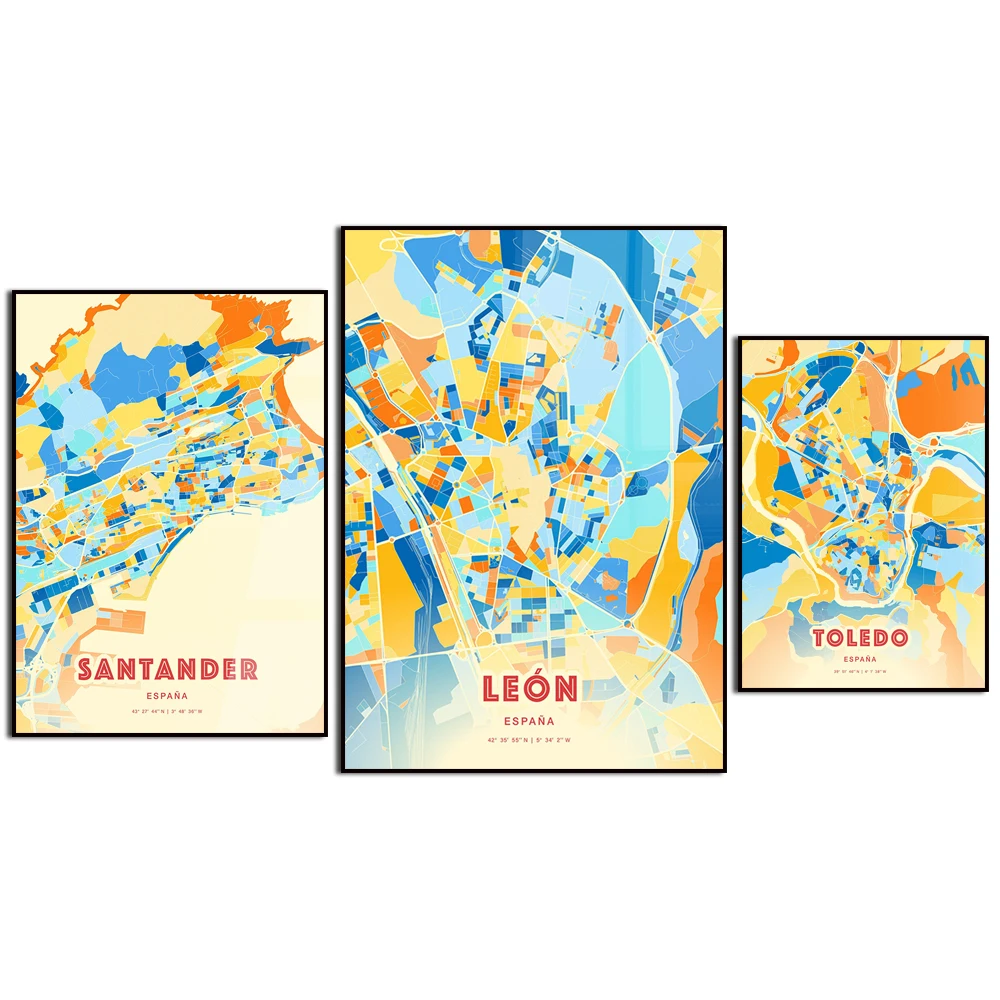 Spain Cádiz. A Coruña. Toledo. Santander. Barcelona. City Color Map. Home Wall Decor Art Poster