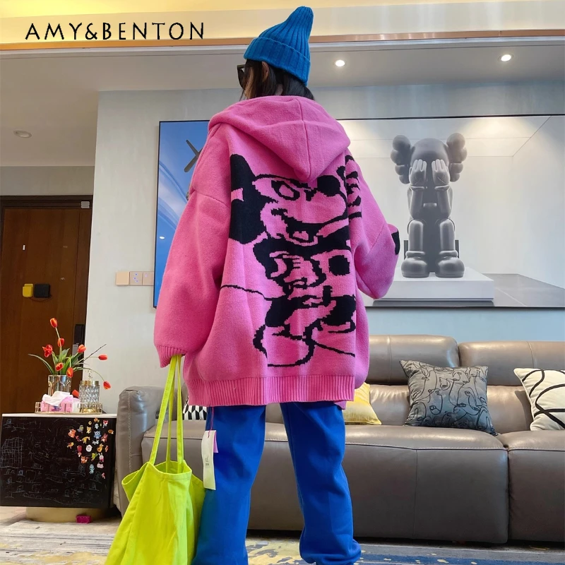 

Осенне-зимняя куртка в корейском стиле на флисовой подкладке, утепленный теплый вязаный свитер с героями мультфильмов, кардиган средней длины с капюшоном, пальто для женщин