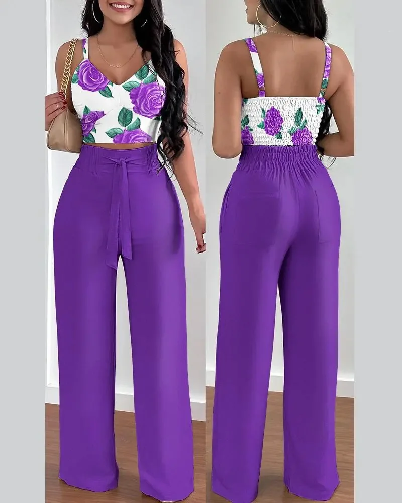 2025 spring and summer new style sweet style fresh and sweet women's sexy suspender suit trousers casual printed 2-piece suit